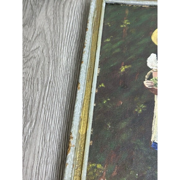 Original Folk Primitive Painting European Girl In Garden Framed & Signed 1958 - Picture 4 of 9